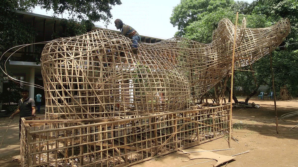 মঙ্গল শোভাযাত্রার জন্য তৈরি করা মহিষের কাঠামোটি সংস্কার করতে হচ্ছে শিল্পীদের। কোটা সংস্কার আন্দোলনের সময় কে বা কারা মহিষের কাঠামো থেকে কিছু অংশ খুলে পুড়িয়ে দেয়। চারুকলা অনুষদ, ঢাকা বিশ্ববিদ্যালয়, ঢাকা, ১৩ এপ্রিল। ছবি: আবদুস সালাম