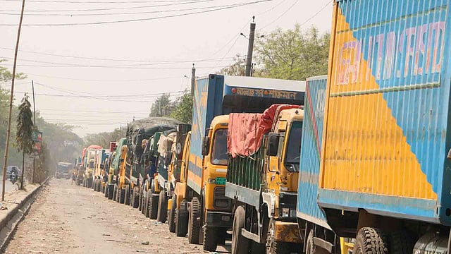 দৌলতদিয়া ঘাট বাংলাদেশ হ্যাচারিজের কাছে দুই-তিন দিন ধরে আটকে আছে পণ্যবাহী গাড়িগুলো। দৌলতদিয়া, রাজবাড়ী, ১৬ এপ্রিল। ছবি: এম রাশেদুল হক।