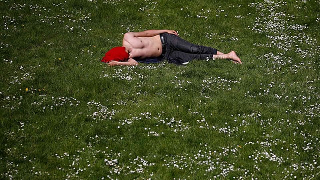 তীব্র গরমে অতিষ্ঠ একজন বাগানে শুয়ে বিশ্রাম নিচ্ছেন। নঁত, ফ্রান্স, ২০ এপ্রিল। ছবি: রয়টার্স