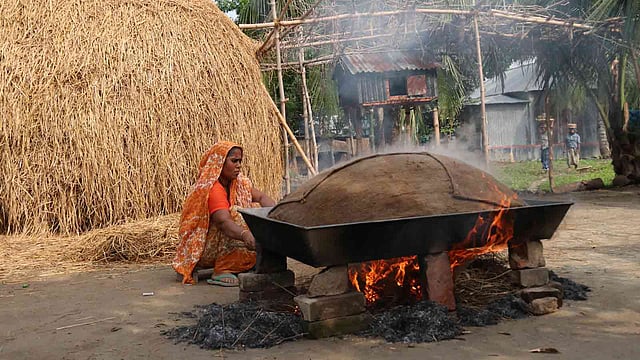 নতুন ধান উঠতে এখনো দেরি। তাই গত বছরে গোলায় তুলে রাখা ঘরে খাবারের ধান বাড়ির উঠানে সিদ্ধ করছেন এক গৃহবধূ। হামিদনগর, সদর উপজেলা, ফরিদপুর, ২১ এপ্রিল। ছবি: আলীমুজ্জামান