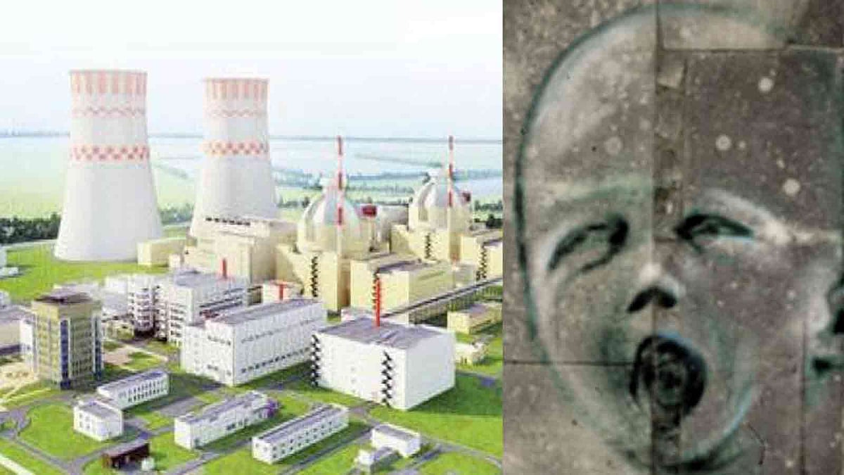 নির্মাণরত রূপপুর পরমাণু বিদ্যুৎকেন্দ্রের নকশা (বামে) এবং ধ্বংসের পরের চেরনবিলের একটি দেয়ালচিত্র