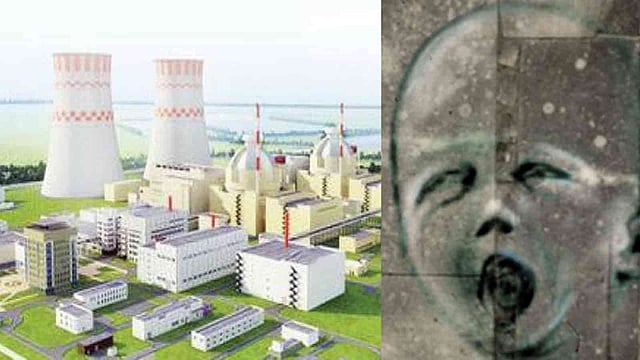 নির্মাণরত রূপপুর পরমাণু বিদ্যুৎকেন্দ্রের নকশা (বামে) এবং ধ্বংসের পরের চেরনবিলের একটি দেয়ালচিত্র