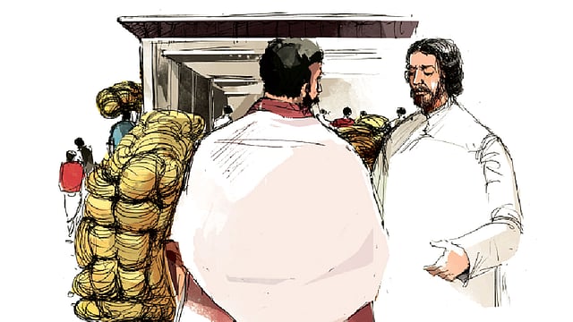 শিল্পীর চোখে পাটের ব্যবসায়ী রবীন্দ্রনাথ। দোকান আর গুদামঘর তৈরি করে কুষ্টিয়ায় রবীন্দ্রনাথ শুরু করেছিলেন পাটের ব্যবসা। অলংকরণ: তুলি