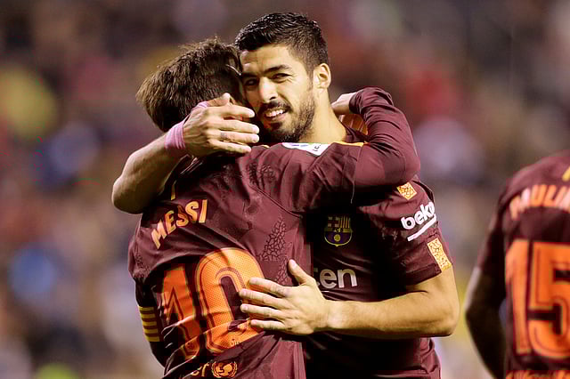 বার্সেলোনার ভরসা গোলবন্যা বইয়ে দেওয়া এ জুটি। ছবি: রয়টার্স