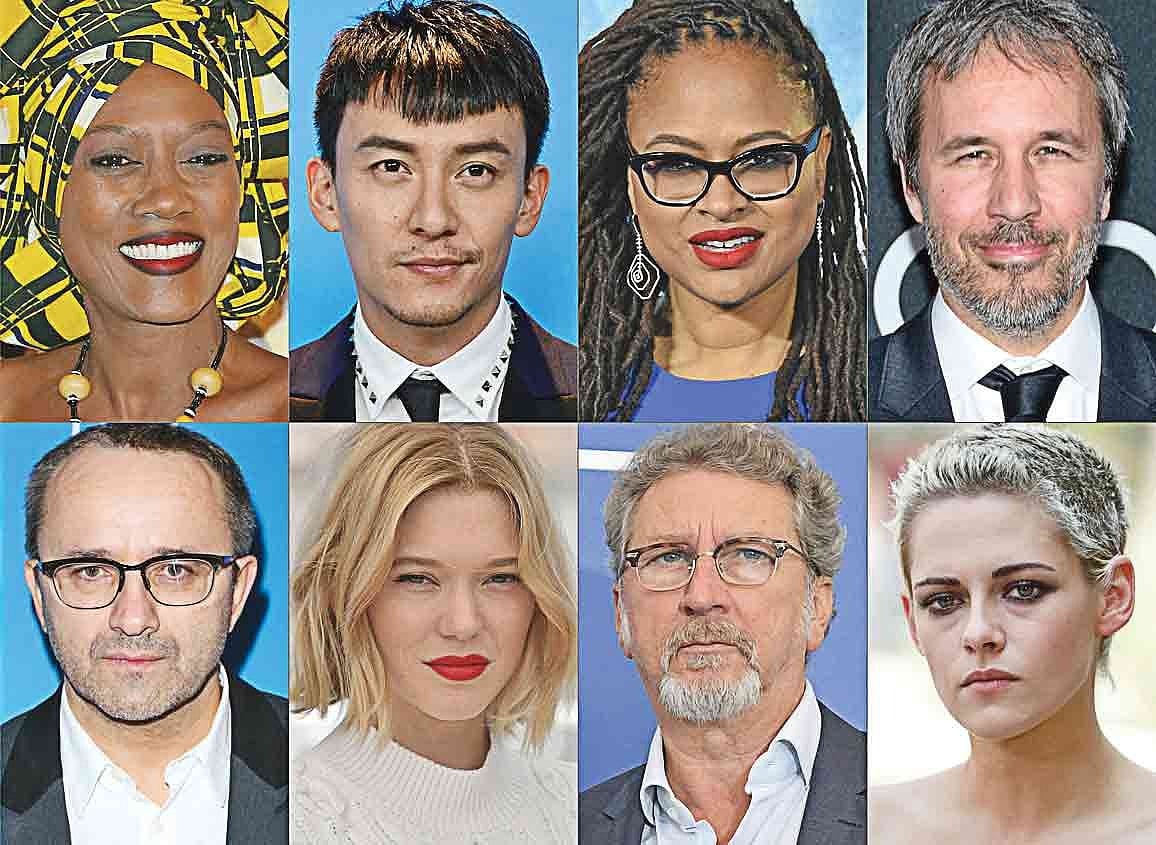 প্রতিযোগিতা বিভাগের জুরিবোর্ডের সদস্যরা—(ওপরে বাঁ থেকে) বুরুন্ডিয়ান শিল্পী-সুরকার কাজা নিন, তাইওয়ানিজ অভিনেতা চ্যাং চেন, মার্কিন লেখক-নির্মাতা অ্যাভা দুভার্নে, ফরাসি-কানাডীয় নির্মাতা ডেনি ভিলনভ এবং (নিচে বাঁ থেকে) রুশ নির্মাতা আন্দ্রেই জ্‌ভুয়াগিনৎসেভ, ফরাসি অভিনেত্রী লিয়া সেদু, ফরাসি নির্মাতা রবের গেদিগিও, মার্কিন অভিনেত্রী ক্রিস্টেন স্টুয়ার্ট