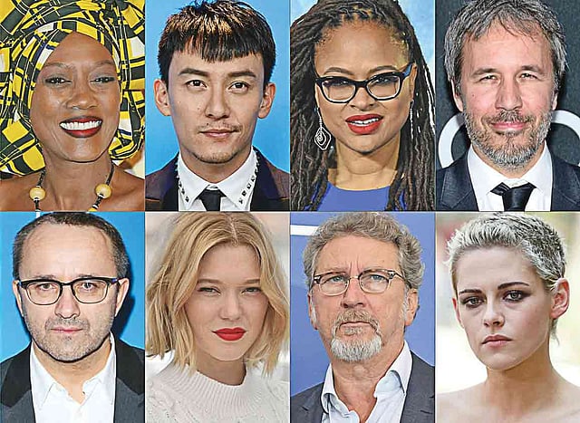 প্রতিযোগিতা বিভাগের জুরিবোর্ডের সদস্যরা—(ওপরে বাঁ থেকে) বুরুন্ডিয়ান শিল্পী-সুরকার কাজা নিন, তাইওয়ানিজ অভিনেতা চ্যাং চেন, মার্কিন লেখক-নির্মাতা অ্যাভা দুভার্নে, ফরাসি-কানাডীয় নির্মাতা ডেনি ভিলনভ এবং (নিচে বাঁ থেকে) রুশ নির্মাতা আন্দ্রেই জ্‌ভুয়াগিনৎসেভ, ফরাসি অভিনেত্রী লিয়া সেদু, ফরাসি নির্মাতা রবের গেদিগিও, মার্কিন অভিনেত্রী ক্রিস্টেন স্টুয়ার্ট
