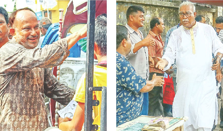 টুটপাড়ায় নির্বাচনী প্রচারে বিএনপির নজরুল ইসলাম মঞ্জু (বাঁয়ে)। বাংলাদেশ ব্যাংকের সামনে প্রচারে ব্যস্ত আওয়ামী লীগের তালুকদার আবদুল খালেক। গতকাল খুলনায়।  ছবি: প্রথম আলো