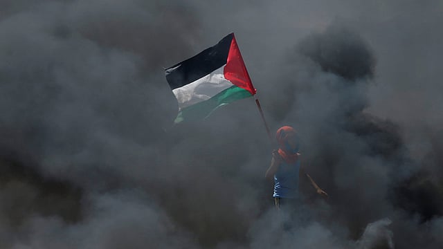 ধোঁয়ার মধ্যে ফিলিস্তিনের পতাকা হাতে এক আন্দোলনকারী। ছবি: রয়টার্স