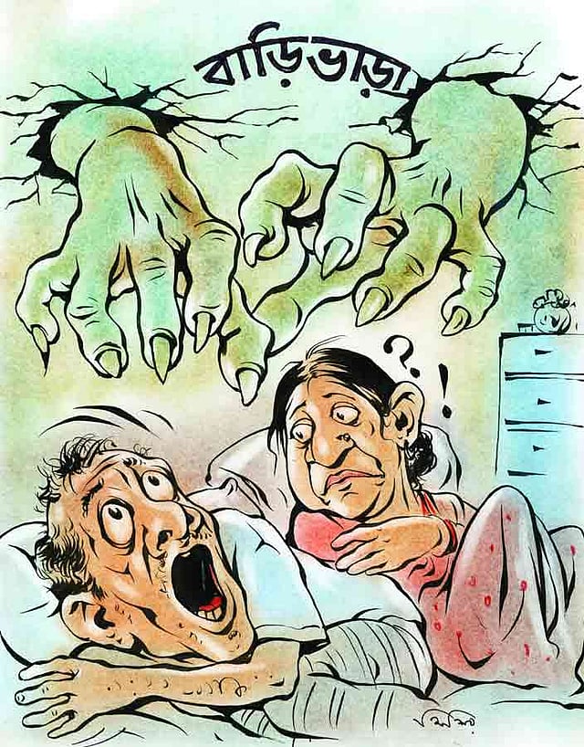 এই শহরে বাড়িভাড়া নিয়ে এ রকম জিম্মিদশা দিন দিন প্রকট হচ্ছে। কার্টুন: শিশির ভট্টাচার্য