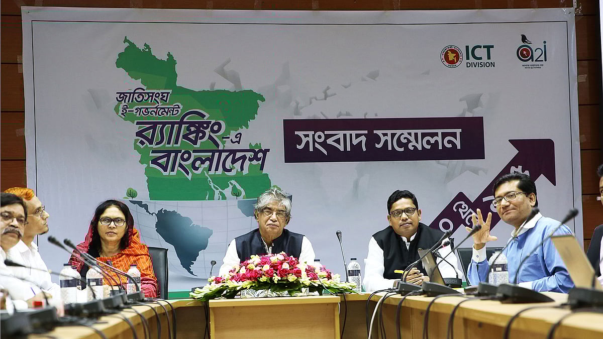 ‘জাতিসংঘ ই-গভর্নমেন্ট র‍্যাঙ্কিং-এ বাংলাদেশ’ শীর্ষক সংবাদ সম্মেলনে বক্তারা। ২২ জুলাই। ছবি: সংগৃহীত