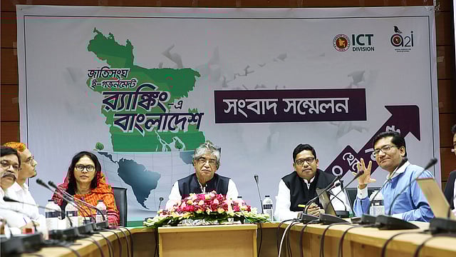 ‘জাতিসংঘ ই-গভর্নমেন্ট র‍্যাঙ্কিং-এ বাংলাদেশ’ শীর্ষক সংবাদ সম্মেলনে বক্তারা। ২২ জুলাই। ছবি: সংগৃহীত