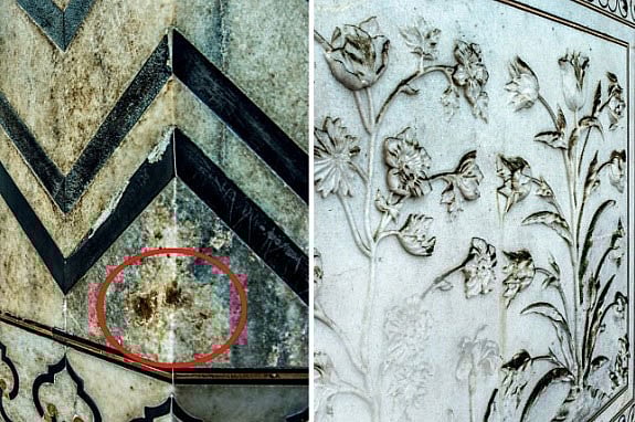 ভারত ও যুক্তরাষ্ট্রের চালানো যৌথ গবেষণায় দেখা গেছে, বায়ুদূষণের কারণে তাজমহলের সাদা রঙের মার্বেলে বাদামি ও হলুদ ছোপ পড়ছে। এ ছাড়া যমুনা নদীর দূষিত পানি তৈরি করছে শৈবাল, যা মার্বেলকে সবুজাভ করছে। ছবি: ইন্ডিয়া টুডের সৌজন্যে