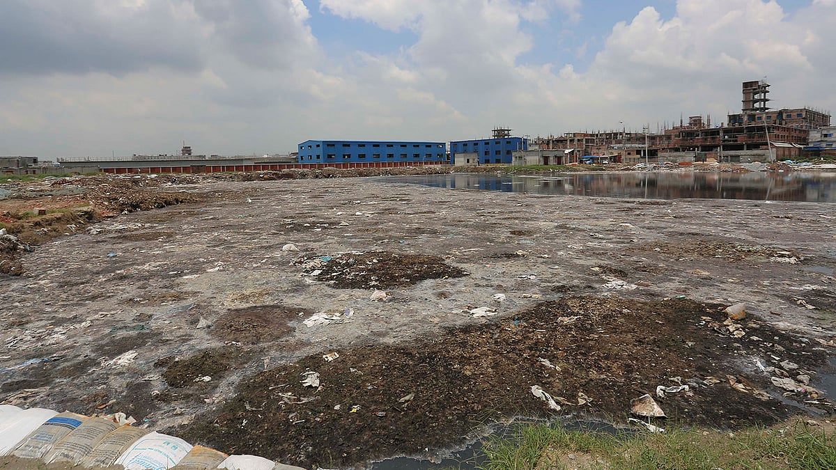 সাভারের চামড়া শিল্পনগরের এই ভাগাড়েই জমা হচ্ছে ট্যানারির বিষাক্ত বর্জ্য। কয়েক দিন পরপর এই বর্জ্য পড়ে পেছনের নদীতে। ছবি: হাসান রাজা