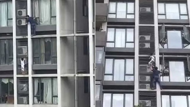 নিজের জীবন বাজি রেখে সন্তানকে উদ্ধারে বাবা। চীনের গুয়াংডং প্রদেশের ফোশান এলাকায় গত বুধবার এ ঘটনা ঘটে। ছবি: ফেসবুক থেকে নেওয়া