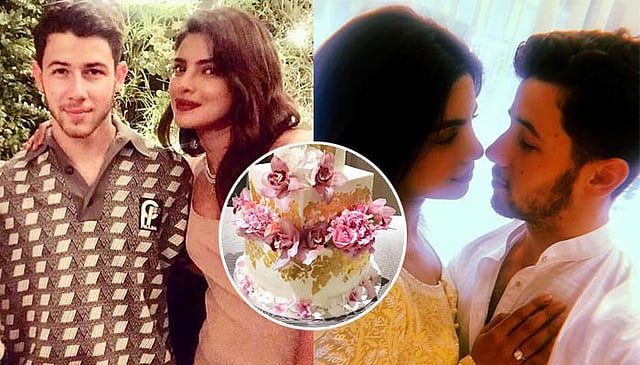বাগদানের পর প্রিয়াঙ্কা ও নিক জোনাস এবং তাঁদের স্বর্ণের কেক