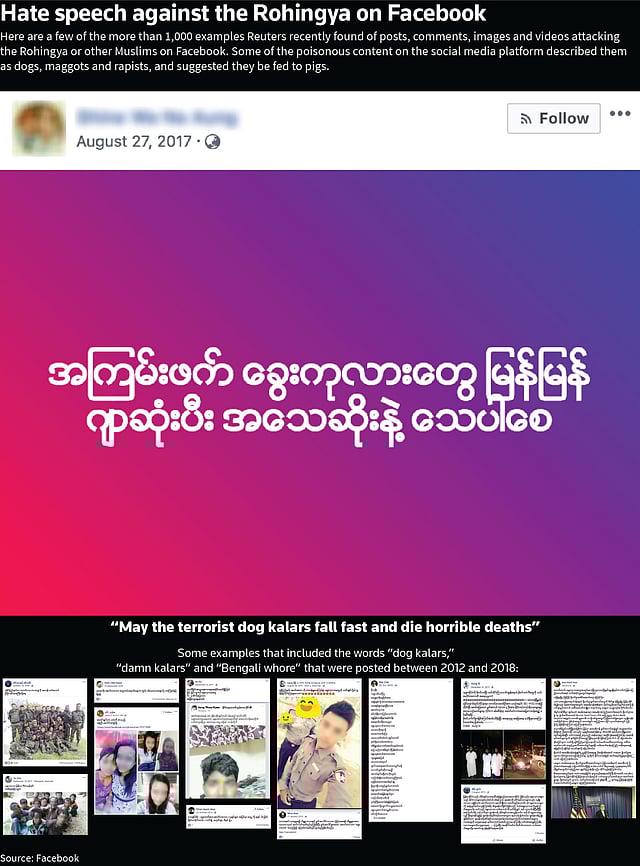 ফেসবুকে বর্মিজ ভাষায় ছড়ানো হয় বিভিন্ন ঘৃণ্য বক্তব্য। এরই মধ্যে মিয়ানমারের সেনাপ্রধান সিনিয়র জেনারেল মিন অং লাইংসহ ২০ জন ব্যক্তি ও প্রতিষ্ঠানকে ফেসবুকে নিষিদ্ধ করা হয়েছে। ছবি: রয়টার্স
