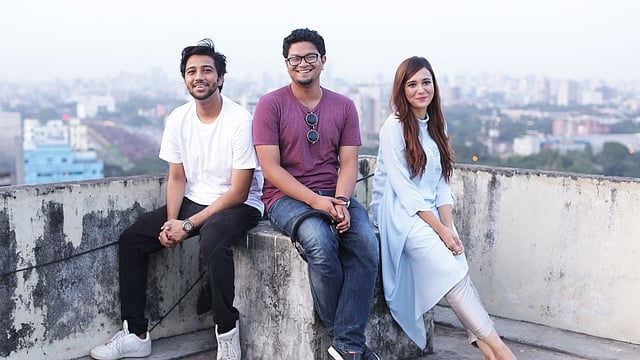 ৭০০ টাকা ছবির গল্প বলেছেন সংগীতশিল্পী প্রীতম, পরিচালক নুহাশ হুমায়ূন ও অভিনেত্রী সাবিলা নূর। ছবি: কবির হোসেন