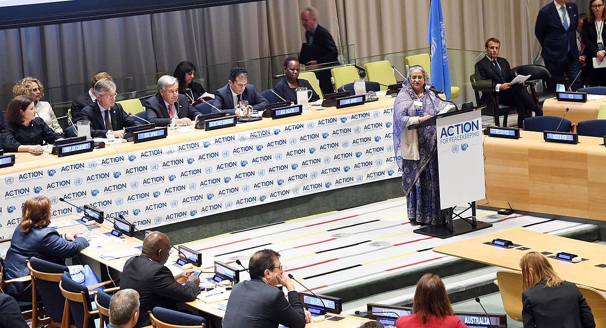 প্রধানমন্ত্রী শেখ হাসিনা জাতিসংঘ সদর দপ্তরে অ্যাকশন ফর পিসকিপিং এর ওপর উচ্চপর্যায়ের অনুষ্ঠানে বক্তৃতা করেন। ছবি: পিআইডি