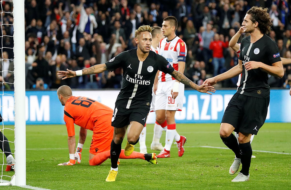 গোলের পর নেইমারের উল্লাস। কাল এমন উদ্‌যাপন করেছেন গুনে গুনে তিনবার। ছবি: রয়টার্স