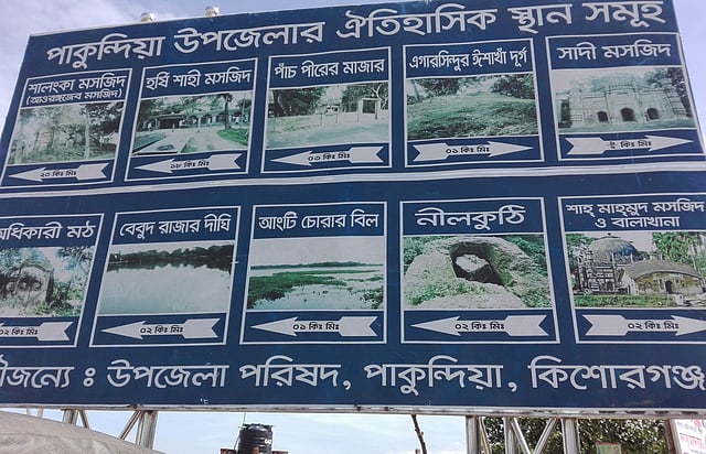 ঐতিহাসিক স্থাপনাগুলোর দিকনির্দেশনা বোর্ড। থানাঘাট মোড়, পাকুন্দিয়া, কিশোরগঞ্জ।