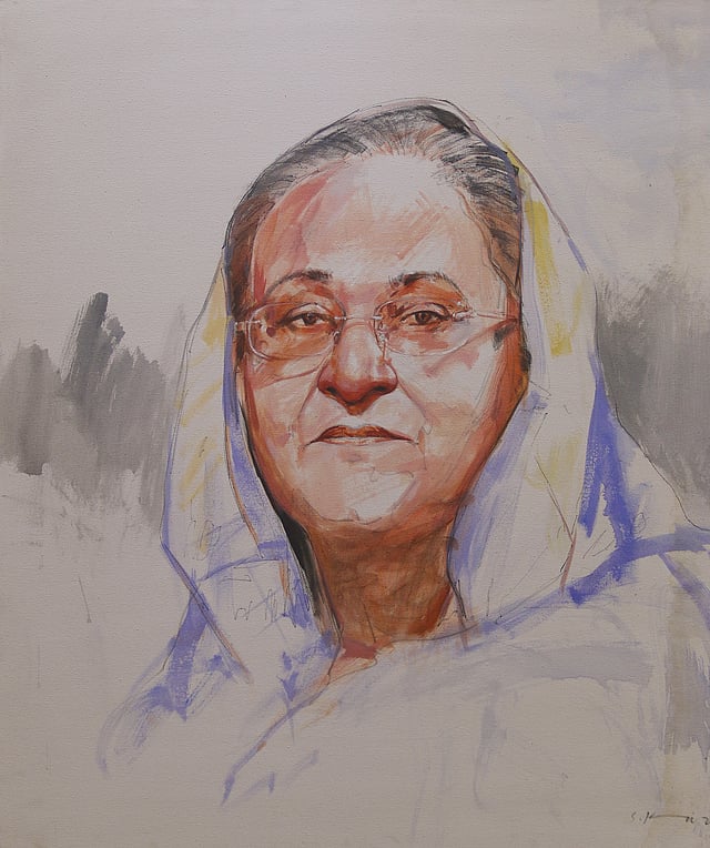প্রতিকৃতিতে শেখ হাসিনার দৃঢ়তা ফুটে উঠেছে।