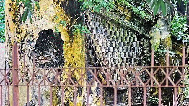 দেয়ালে ফাটল, জন্মেছে লতা গুল্ম। বর্তমানে এই অবস্থা ঢাকা গেটের। গত বুধবার তোলা ছবি। আবদুস সালাম