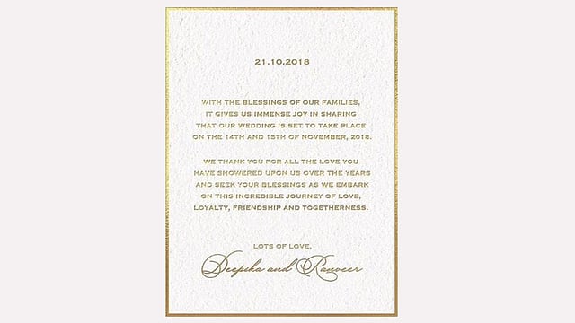 রণবীর সিং ও দীপিকা পাড়ুকোনের বিয়ের কার্ড