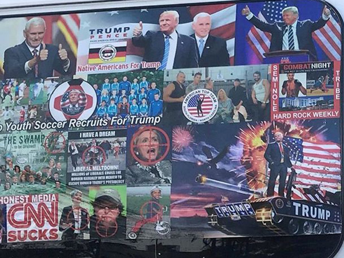 আটক সায়োকের গাড়িতে ট্রাম্পের পোস্টার। ছবি: রয়টার্স