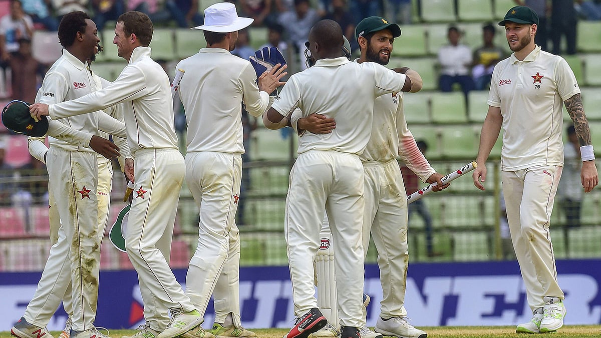 সিলেট টেস্ট জয়ের পর জিম্বাবুয়ের খেলোয়াড়দের উল্লাস। ছবি: এএফপি