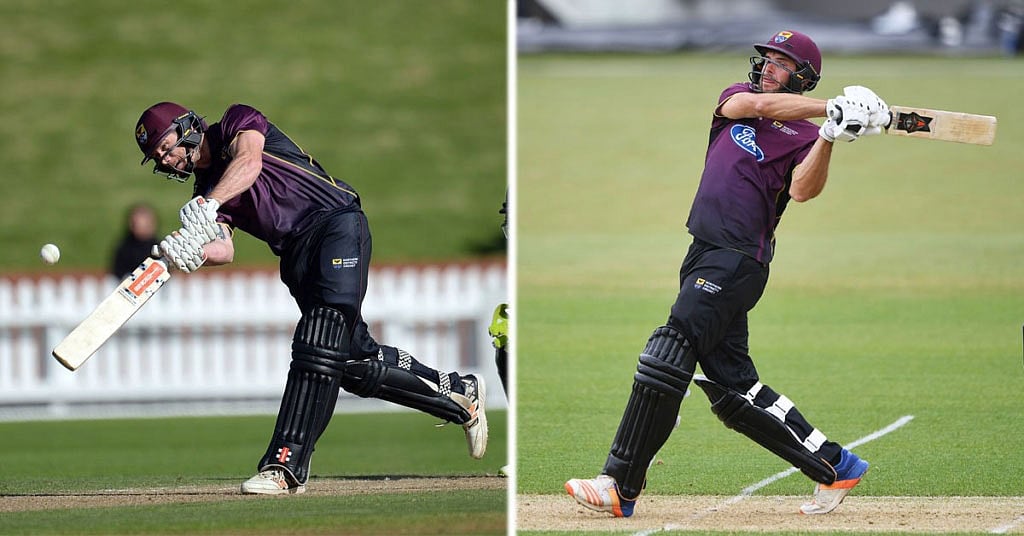 জো কার্টার (বাঁয়ে) ও ব্রেট হ্যাম্পটন মিলে এক ওভারে ৪৩ রান নিয়েছেন। ছবি: টুইটার