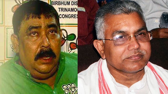 তৃণমূল নেতা অনুব্রত মণ্ডল ও বিজেপি নেতা দিলীপ ঘোষ। ছবি: ভাস্কর মুখার্জি