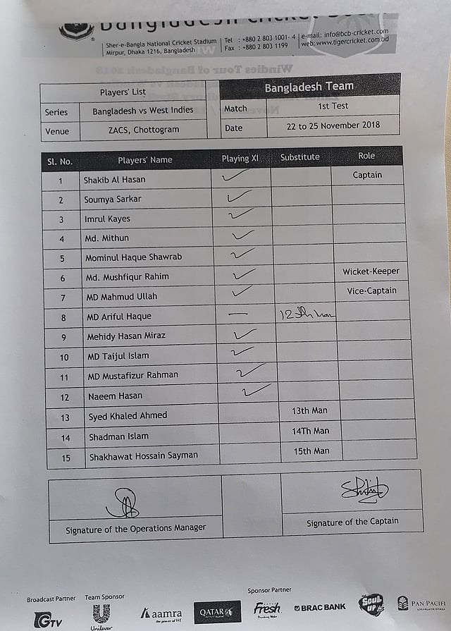 বাংলাদেশ দলের টিম শিটের ১৫ নম্বর নামটি লক্ষ করুন, ইনি কে? ছবি: প্রথম আলো