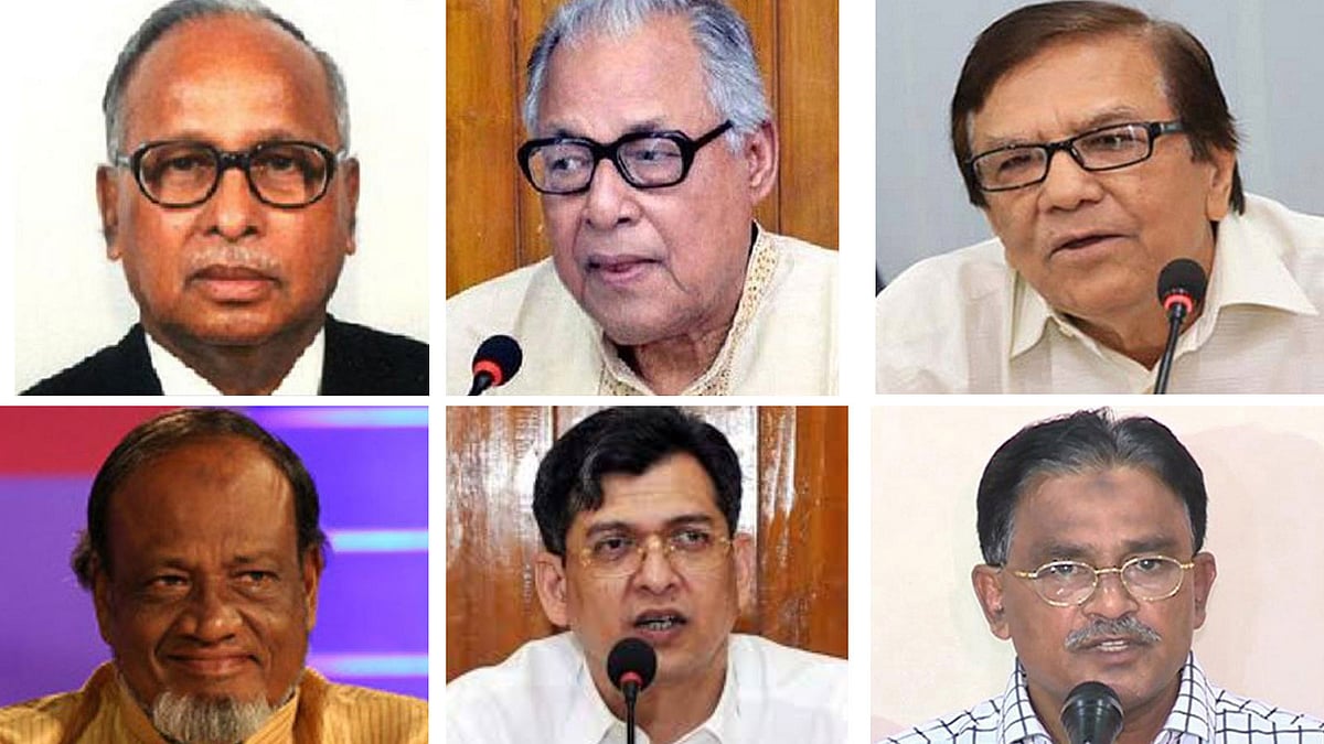 (ওপরের বাঁ দিক থেকে) জমিরউদ্দিন সরকার, নজরুল ইসলাম খান, মাহবুবুর রহমান, রফিকুল ইসলাম মিয়া, সালাউদ্দিন আহমেদ, সৈয়দ মোয়াজ্জেম হোসেন আলাল