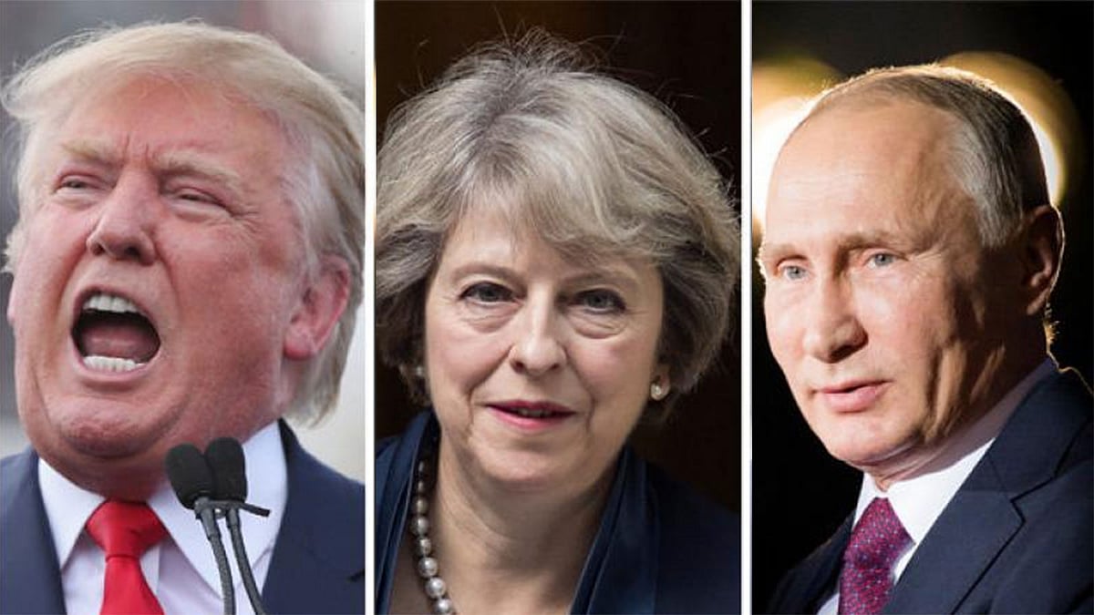 মার্কিন প্রেসিডেন্ট ডোনাল্ড ট্রাম্প, ব্রিটিশ প্রধানমন্ত্রী থেরেসা মে, রাশিয়ার প্রেসিডেন্ট ভ্লাদিমির পুতিন।