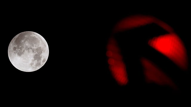 জার্মানির ফ্রাঙ্কফুর্ট থেকে দেখা চন্দ্রগ্রহণের আগের পূর্ণ ‘নেকড়ে চাঁদ’। পাশেই ট্রাফিক বাতি। ছবি: রয়টার্স