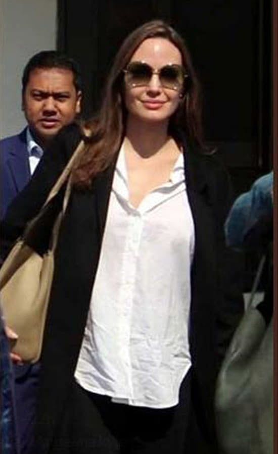 উড়োজাহাজ থেকে নামার পর অ্যাঞ্জেলিনা জোলি। ছবি: টুইটার থেকে নেওয়া