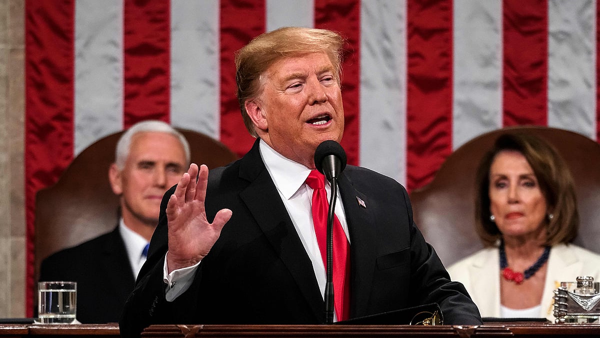 কংগ্রেসে স্টেট অব দ্য ইউনিয়ন ভাষণ দিচ্ছেন মার্কিন প্রেসিডেন্ট ডোনাল্ড ট্রাম্প। ছবি: এএফপি