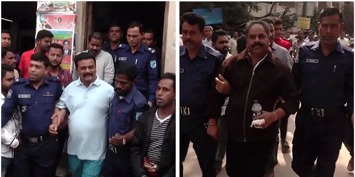 নারায়ণগঞ্জ নগরের নিতাইগঞ্জে গ্রেপ্তার সাবেক কাউন্সিলর কামরুল হাসান মুন্না (বায়ে) ও কবির হোসেনকে (ডানে) আজ সোমবার আদালতে তোলা হয়। ছবি: মজিবুল হক