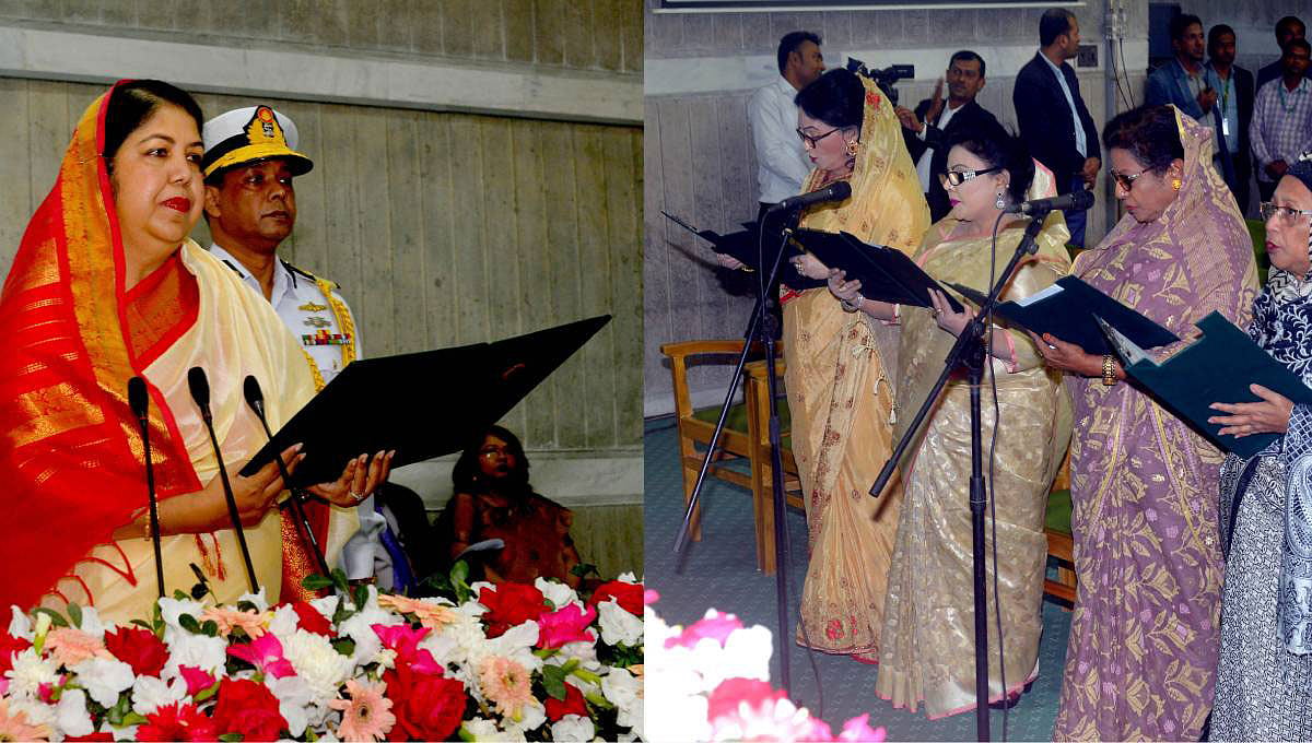 স্পিকার শিরীন শারমিন চৌধুরী সংসদের শপথকক্ষে ৪৯ জন সাংসদকে শপথ পড়ান। ছবি: বাসস