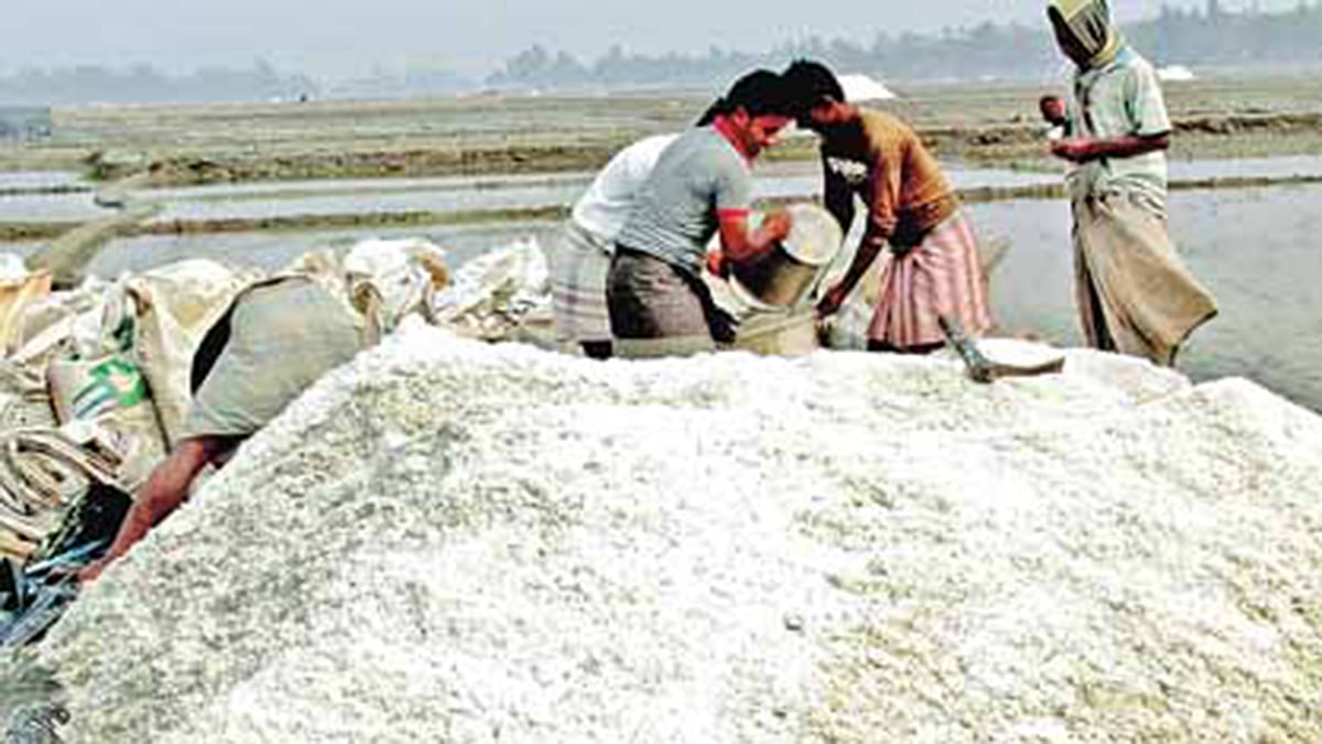 বৃষ্টির পানিতে ক্ষতিগ্রস্ত হয়েছে লবণ মাঠ। পলিথিন দিয়ে ঢেকে রাখা মাঠের লবণ সরিয়ে নিচ্ছেন চাষিরা। গতকাল চৌফলদন্ডি এলাকায়।  প্রথম আলো