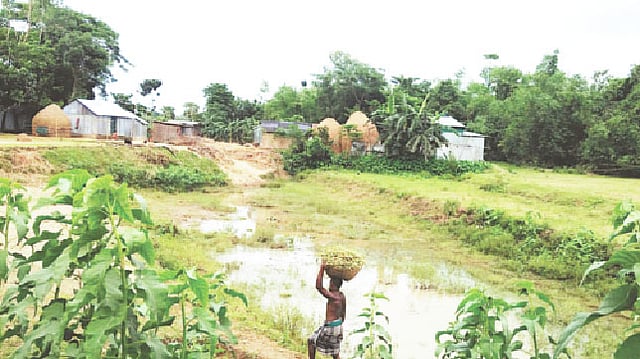 নালিতাবাড়ীর খলাভাঙা এলাকায় কংস নদ আড়াআড়ি ভরাট করে গড়ে তোলা হয়েছে বাড়িঘর। ছবিটি গত রোববার তোলা।  প্রথম আলো
