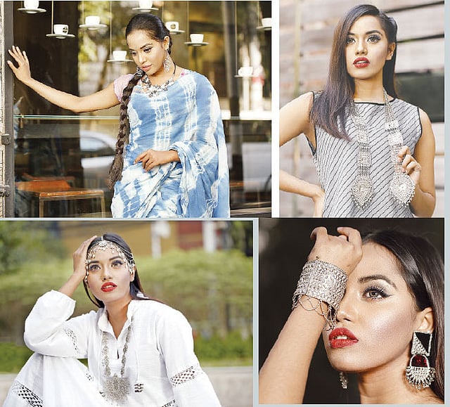 ফুলের ওপর মীনাকারির কাজ। গয়না: কনক দ্য জুয়েলারি প্যালেস,গলার এই মালা মাফলারের মতো ঝুলে থাকবে দুই পাশে।  গয়না: গ্ল্যুড টুগেদার, পোশাক: বিবি প্রডাকশনস,বিয়ের অনুষ্ঠানে মানিয়ে যায় এমন টিকলি। গয়না: গ্ল্যুড টুগেদার,রুপার গয়নায় জমকালো সাজ