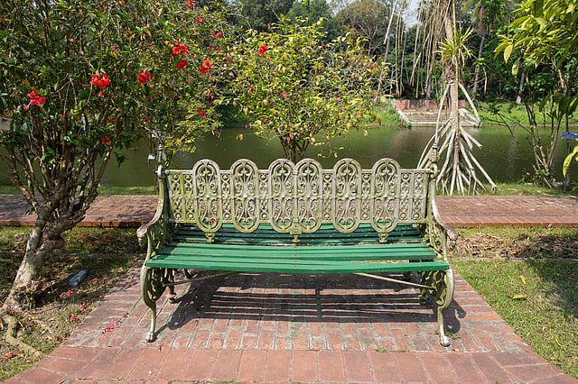 দিঘির পাড়ে বসার জন্য বেঞ্চ।