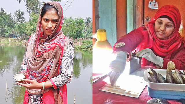 মুক্তাচাষি সাবিনা আক্তার।  ছবি: বদর উদ্দিন ও আনোয়ারা রিজভী।  ছবি: সংগৃহীত