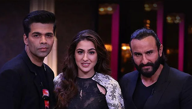 ‘কফি উইথ করণ’ অনুষ্ঠানে করণ জোহর, সারা আলী খান ও সাইফ আলী খান
