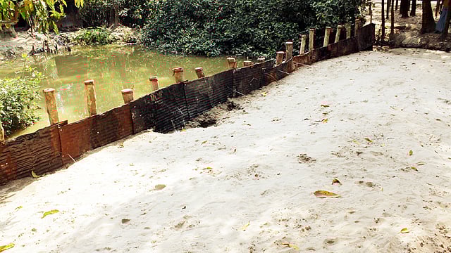 কর্ণফুলী নদীর বালু দিয়ে পুকুর ভরাট করে চলাচলের রাস্তা করা হচ্ছে। রাঙ্গুনিয়া উপজেলার মধ্য বেতাগী এলাকা থেকে গতকাল বুধবার তোলা। ছবি: প্রথম আলো