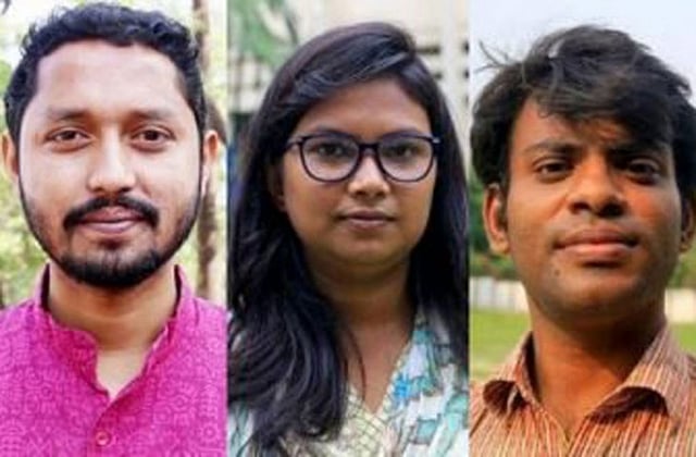 বাম ছাত্র সংগঠনের একটি প্যানেলের ভিপি প্রার্থী লিটন নন্দী, জিএস প্রার্থী উম্মে হাবিবা বেনজির ও এজিএস প্রার্থী সালমান সিদ্দিকী।
