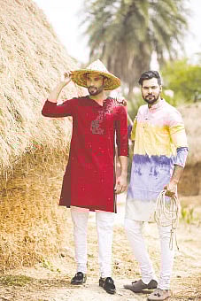 কলার ছাড়া গোল গলার সাবেকি ধারার পাঞ্জাবি। এর পাশাপাশি ডিপ ডাই করা পাঞ্জাবিও দেখা যাবে এই বৈশাখে। পাঞ্জাবি: রাইজ