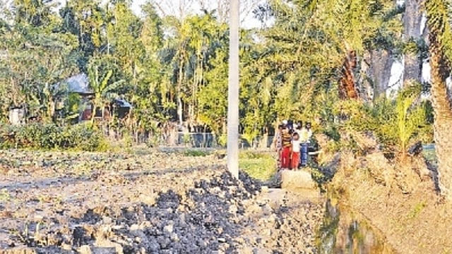 পিরোজপুরের মঠবাড়িয়া উপজেলার সড়ক কেটে ফেলায় এক মাস ধরে ভোগান্তি পোহাচ্ছে ৪০টি পরিবারের শতাধিক মানুষ । সাম্প্রতিক ছবি । প্রথম আলো