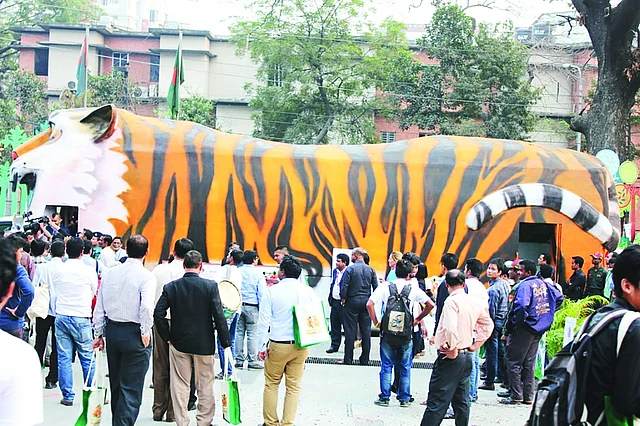 বাঘ উত্সবে বিশাল এক বাঘরূপী বাস দাঁড়িয়ে ছিল চারুকলার মূল ফটকে